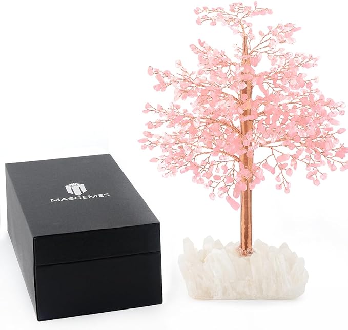 Rose Quartz Gemstone Crystal Tree of Life - Clear Quartz Base,Chakra Tree Positive Energy,Bonsai Money Tree Feng Shui Decor,Emotional Healing Crystal of Love, Spiritual Gift