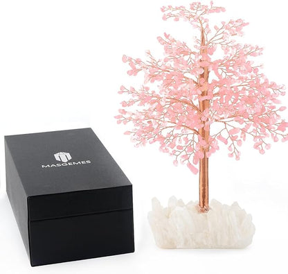 Rose Quartz Gemstone Crystal Tree of Life - Clear Quartz Base,Chakra Tree Positive Energy,Bonsai Money Tree Feng Shui Decor,Emotional Healing Crystal of Love, Spiritual Gift