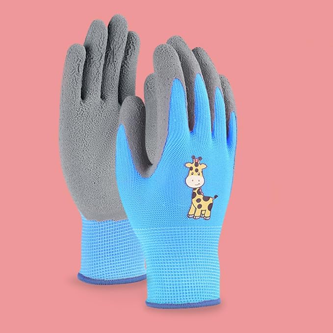 GANAZONO 3 Pairs Outdoor Work Gloves for Pruning, Weeding, and Protective Use, Size S, Cartoon Blue, Yellow, and Pink Giraffe Design