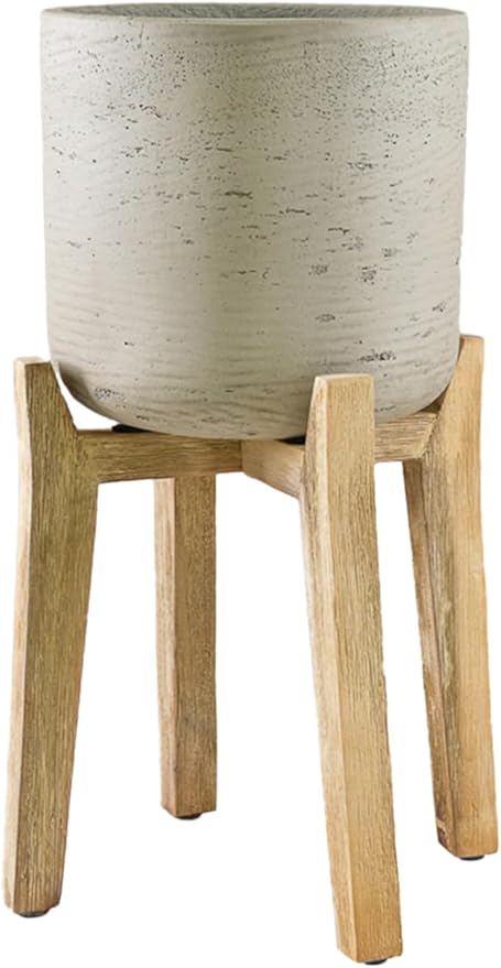 Serene Spaces Living Minimalist Cement Planter with Wooden Legs – Sleek Planter for Succulents, Cacti, Indoor Greenery, Versatile, Durable Plant Pot for Home or Office, 11.5" Diameter & 20.5" Tall