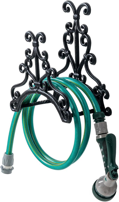 MyGift Wall Mounted Garden Hose Holder, Vintage Baroque Scrollwork Cast Iron Watering Tube Rack, Decorative Floral Pattern Hanging Hook Water Hosepipe Reel
