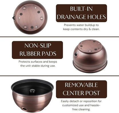 Monarch Abode Garden Hose Holder with Lid – Decorative Water Hose Holders for Outside, Smooth Metal Antique Copper Pot with Drainage, 100ft Waterhose Holder for Outside, Garden Storage Caddy