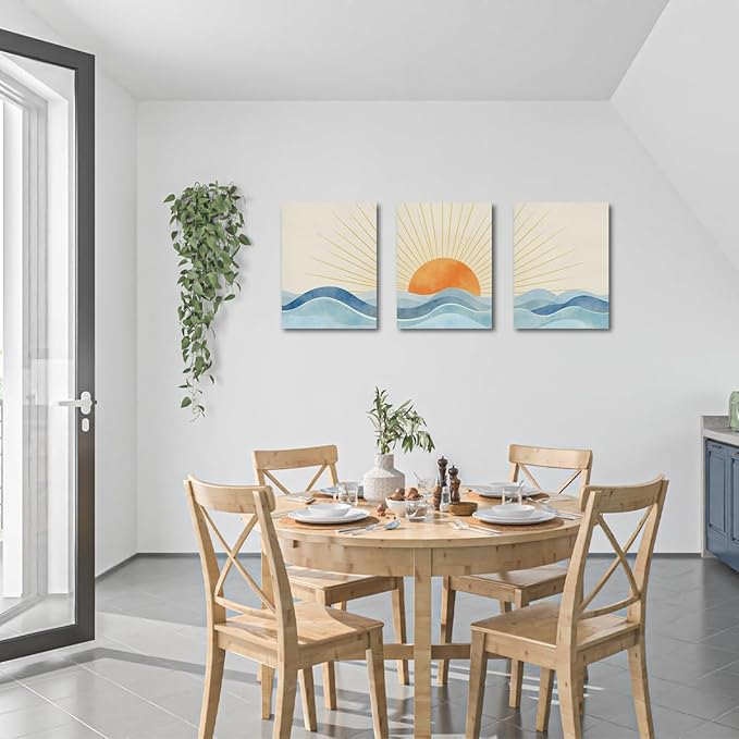 Boho Sun Ray Framed Canvas Wall Art Decor Set of 3, Neutral Geometric Sun Rising on the Sea Painting Artworks for Wall, Minimalist Art Picture for Home Living Room Bathroom Office, 11.4"x15"