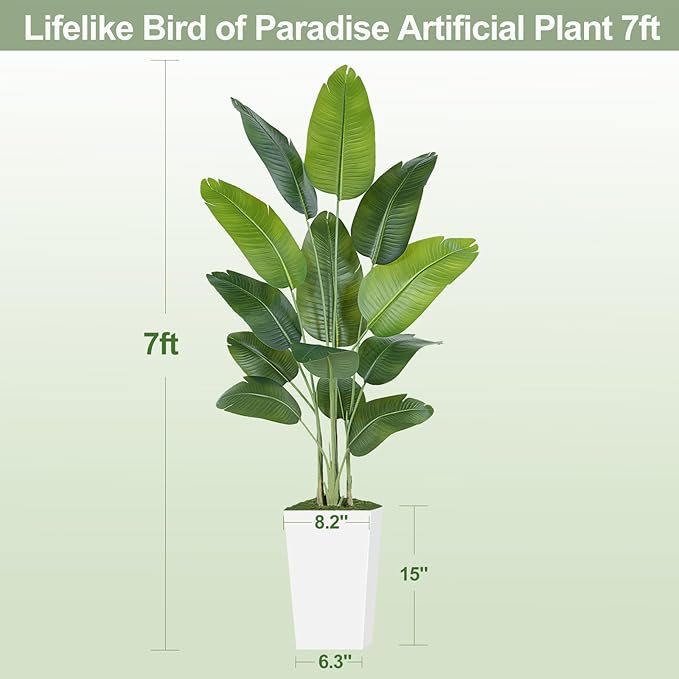 Lifelike Bird of Paradise Artificial Plant 7ft Faux Banana Leaf Tree with White Tall Planter for Home Decor - Perfect Indoor Silk Floor Plant for Living Room, Office, and Bedroom Ambiance Enhancement