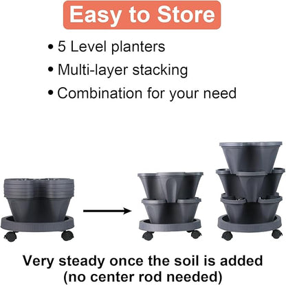 GameXcel Vertical Planter 5 Tier Stackable Planters Garden Planters Strawberry Herb Flower and Vegetable Planter Indoor Outdoor Gardening Pots with Removable Wheels and Tools