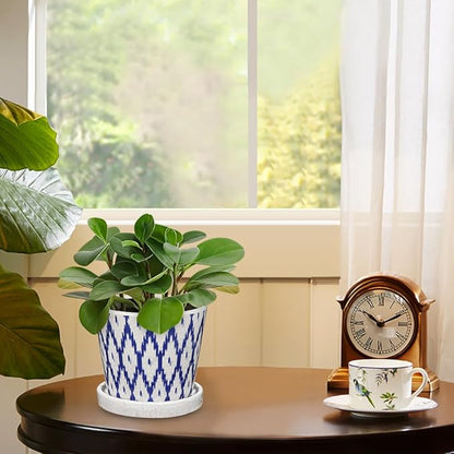Plant Pots 5.5 Inch, Ceramic Planter with Drainage Hole and Saucer for Indoor Plants, Ice Crack Diamond Pattern Vintage Garden Pots for Succulent Orchid Snake Plants Flower (Blue)