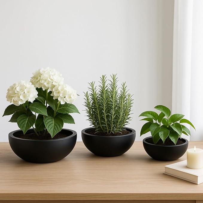 Set of 3 Decorative Resin Planter Pots – Minimalist Sleek Finish Design – Indoor Outdoor Plant Holders – Contemporary Modern Pot Set for Living Room, Entryway, Patio or Garden – 6", 5", 4", Black