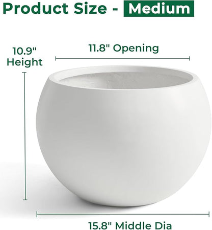 Fiberstone Sphere Planter, 15.8" Dia Round Flower Pot with Drainage Hole and Removable Plug, Plant Pot for Indoor Outdoor Use, 11.8" Opening-10.9" H Medium, White