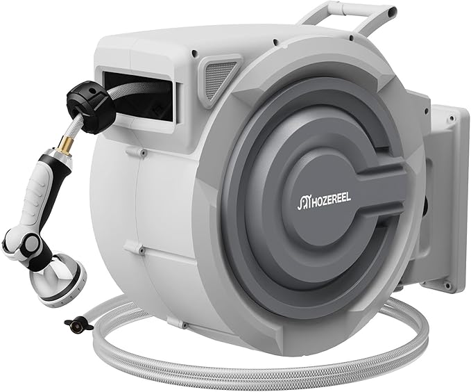 5/8" x 100 FT Retractable Garden Hose Reel by HOZEREEL, Outdoor Garden Hose Reels - Automatic Self Retract Wall Mount Hose Reel Enclosed Storage, Any Length Lock, 10 Pattern Nozzle-Grey