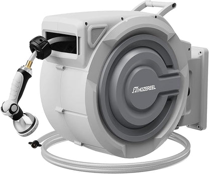 150 FT x 1/2" Retractable Garden Hose Reel by HOZEREEL, Outdoor Garden Hose Reels - Automatic Self Retract Wall Mount Hose Reel Enclosed Storage, Any Length Lock, 10 Pattern Nozzle-Grey