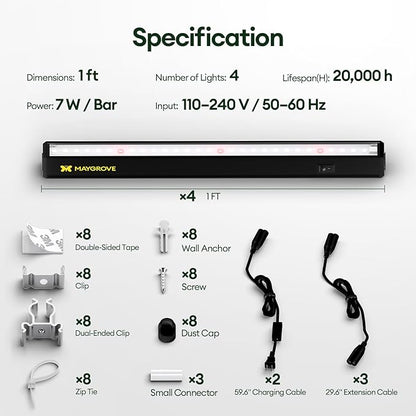 Grow Lights for Indoor Plants 1FT, Red-Enhanced Full Spectrum 5000K Grow Light, 28W(4 x 7W), T5 LED Grow Light Strips for Leafy Greens and Vegetables, High PPFD, Linkable, Black, 4-Pack