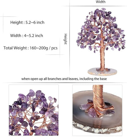 Natural Healing Crystal Tree of Prosperity Wire Wrapped on Agate Base Handmade Money Tree Bonsai Home Office Decoration for Good Luck, Amethyst