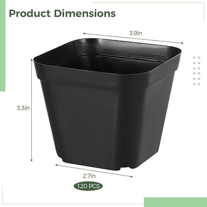OMISTAR 120 Pcs Small Square Plastic Nursery Pots - 4 Inch Seedling Plant Pots with Drainage Holes, Reusable Grow Containers for Succulent Propagation, Flowers, Bulk Seed Starting Kits