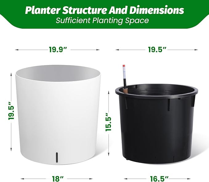CABIHOME Self-Watering Planters Set of 2, 19.5 Inch Tall with Drainage, Water Monitor & Wheels, High Circular Flower Pot, Easy Move, Indoor Outdoor Pots for Porch, Living Room & Office, White
