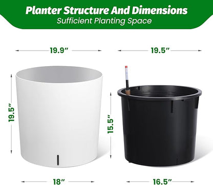 CABIHOME Self-Watering Planters Set of 2, 19.5 Inch Tall with Drainage, Water Monitor & Wheels, High Circular Flower Pot, Easy Move, Indoor Outdoor Pots for Porch, Living Room & Office, White
