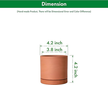 D'vine Dev X-Small 4 Inch Terracotta Plant Pot with Drainage Hole and Saucer, Round Cylinder Planter Pot for Indoor Plants, Set of 2, 40-X-B-1