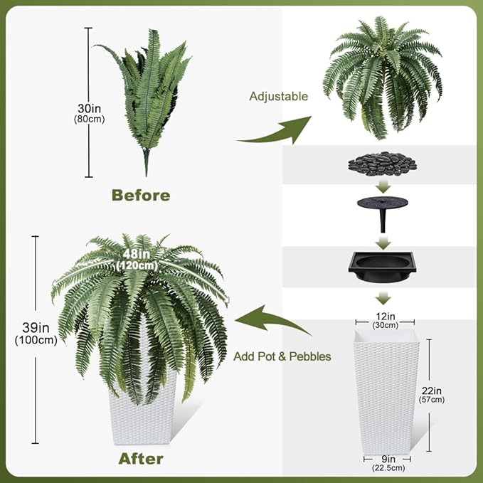48" Boston Ferns Artificial Outdoor Plants - 39 Fronds UV Resistant Faux Greenery with Taper Planter- Realistic Fake Bushes Front Porch Decor for Garden, Patio, Indoors - Set of 1, VN153