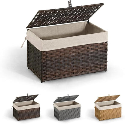 CAPHAUS Laundry Basket w/Lid, Synthetic Rattan Laundry Hamper w/Lid and Handles, 2 Removable Liner Bags, Foldable Clothes Hamper for Laundry, Large Storage Basket w/Lid, 65L, Brown
