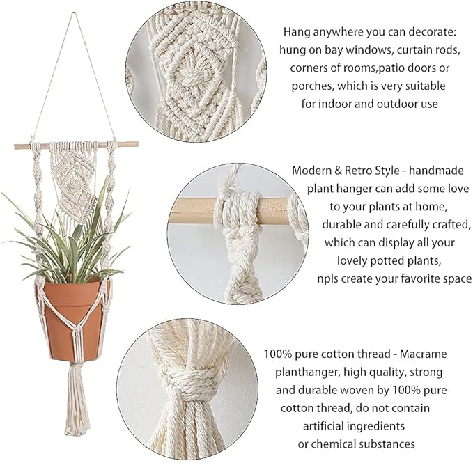 Boho Macrame Plant Hangers - Handmade Hemp Rope Hanging Baskets for Plants with Ceiling Hooks, Bohemian Home Decor