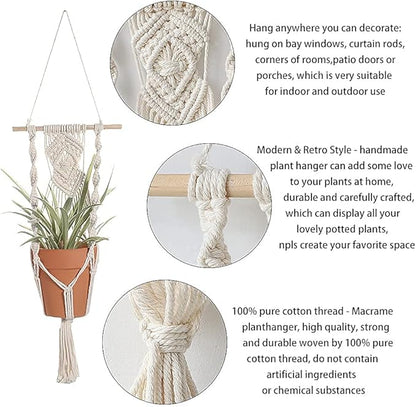 Boho Macrame Plant Hangers - Handmade Hemp Rope Hanging Baskets for Plants with Ceiling Hooks, Bohemian Home Decor