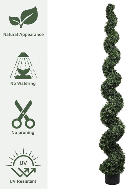 7ft Tall Artificial Spiral Topiary Trees Outdoor Set of 2, Faux Boxwood Plants for Front Porch & Indoor Home Decor, UV-Resistant 7 Foot Large Fake Plants for Patio, Garden, Entryway Decor