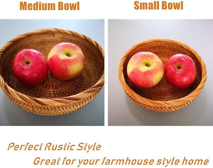 Set of 2 Round Rattan Bowl Baskets, 8 9 Inch Handmade Wicker Basket Tray with 3”Deep Wall, Decorative Woven Brown Bread Basket Fruit Bowl Table Key Holder, 2-Size