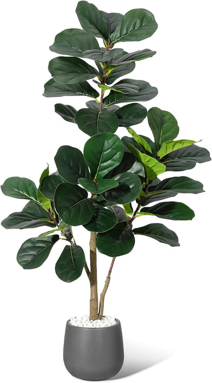 4 ft Fiddle Leaf Fig Tree Artificial with 48 Leaves - Realistic Faux Ficus Lyrata Trees in 7.8 in Grey Planter Pot, Indoor Fake Floor Plants for Home Office Living Room Decor, Housewarming Gift