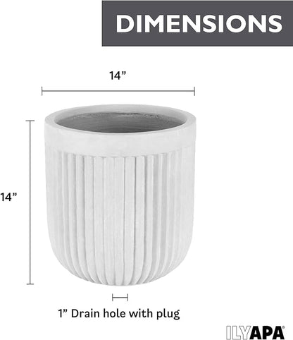 Ilyapa 14 Inch Large Fluted Modern Concrete Planter - 14x14 Inch Indoor Plant Pots with Drainage - Large White Planters for Indoor/Outdoor Use