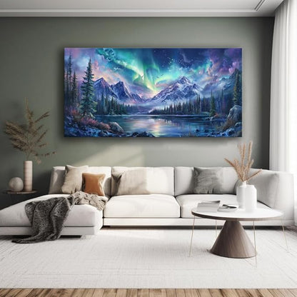 IDAFU Aurora Borealis Canvas Wall Art Northern Lights Wall Printing Farmhouse Abstract Snow Mountain Tree Forest Scenery Canvas Nature Landscape Artwork For office Home Décor Ready to Hang 32L x 16W