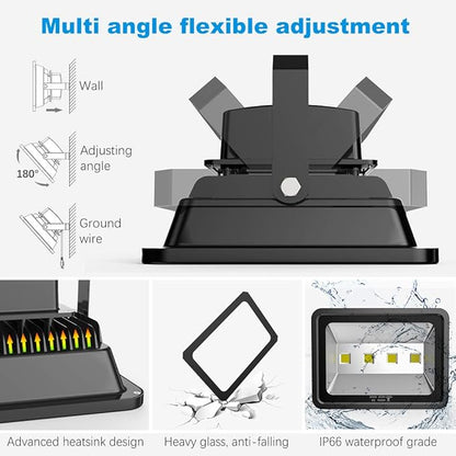 200W LED Flood Lights 6000K Daylight White Lighting Fixtures Super Bright 20000lm Outdoor Security Lights IP66 Waterproof 110-285V Commercial Industrial Lighting Fixtures