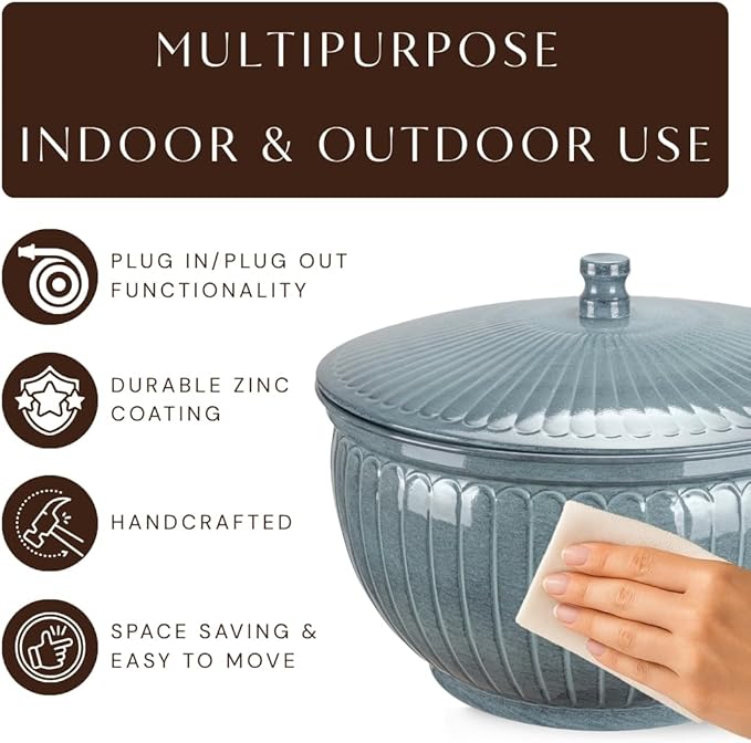 Monarch Abode Garden Hose Holder with Lid – Decorative Water Hose Holders for Outside, Arch Embossed Metal Patina Pot with Drainage, 100ft Waterhose Holder for Outside, Garden Storage Caddy