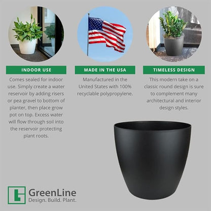 Memphis 18" Round Indoor Floor Planter Pot – Lightweight & Durable Plastic, Modern Design, Made in USA, Recyclable Large Plant Container for Home & Office Décor (Black)