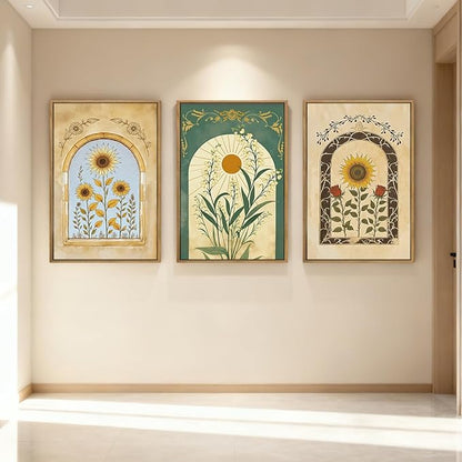 ANHUIB Vintage Boho Spiritual Wall Decor 16x24 Inch Botanical Wall Art Earthy Sunflower Illustration Set of 3 for Living Room Bedroom Office