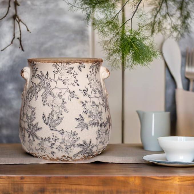 Planters for Indoor Plants, Vintage Ceramic Pots for Plant, Rustic Tuscan Vase & Decor, Plant Pots w/Drainage, 6.68in. Flower Pot & Ceramic vase, Grandma Gifts, Home Decor, Rustic Grey