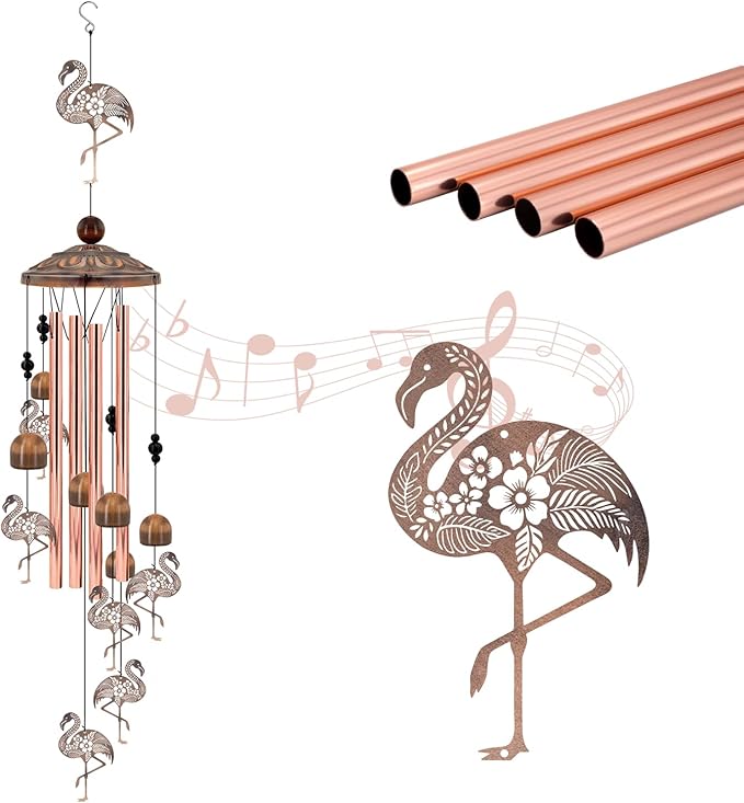 Flamingo Wind Chimes for Outside, Metal Flamingo Gifts for Women/Mom, Birthday Memorial Windchimes Outdoors, Retro Garden Decor for Outside Patio Yard, Unique Bird Lover Decorations