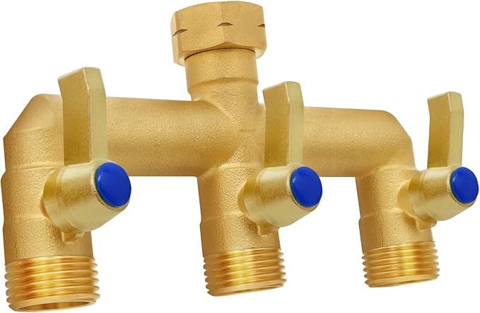 Brass Garden Hose Splitter, 3 Way Hose Splitter, Outdoor Hose Splitter, GHT 3/4 In. Female Inlet And 3 Way 3/4 In, (Increase Flow Style)