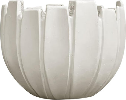 Large Round Planter with Drainage Hole, 9.5''H × 12.6''D Sphere Indoor Plant Pot, Modern Flower Pot for Outdoor Garden Patio Home, Wavy Rim Design, White