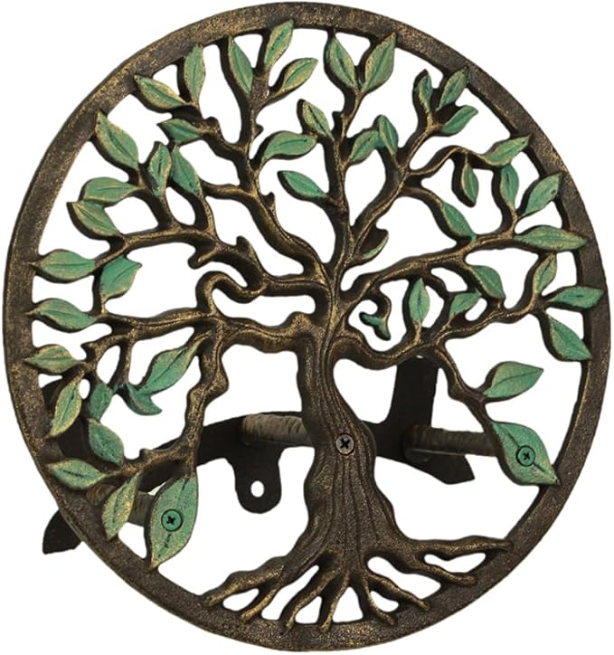 Zeckos Green/Bronze Finish Cast Iron Tree of Life Decorative Wall-Mounted Garden Hose Hanger - Stylish Outdoor Hose Holder Décor - 12-Inch Diameter - Weather-Resistant