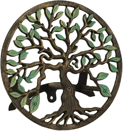 Zeckos Green/Bronze Finish Cast Iron Tree of Life Decorative Wall-Mounted Garden Hose Hanger - Stylish Outdoor Hose Holder Décor - 12-Inch Diameter - Weather-Resistant