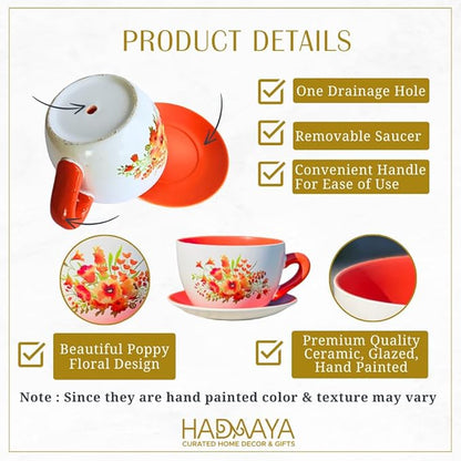 7.5" Round Ceramic Teacup Shape Planter Pot with Saucer for Succulents Orchids Herbs Cactus Indoor Houseplants Flowers for Home Garden and Event Decor – Orange Poppy Floral