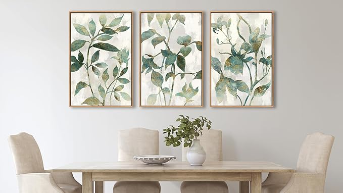 Large Framed Canvas Wall Art - Natural Float Framed Rustic Green Flowers Leaves Pictures Paintings White Grey Artwork Decor for Bedroom Living Room Kitchen Home Office Decoration 72" X 36" Set of 3
