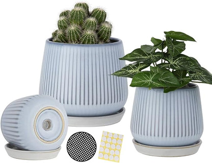 TAMAYKIM 4.25 + 5.5 + 7 Inch Ceramic Plant Pots with Drainage Holes and Saucers, Small to Large Planter Sets for Plants, Succulent, Cactus and Herbs, Blue, Set of 3