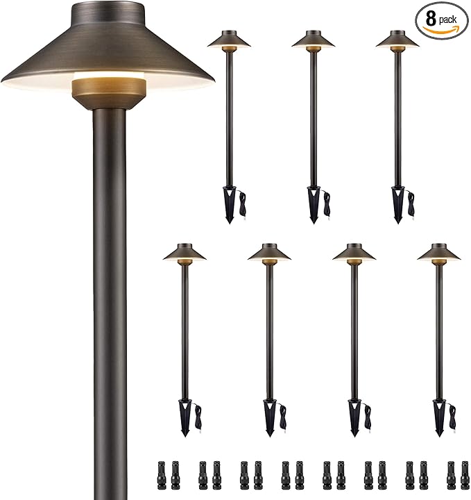 Gardenreet Brass Low Voltage Path Lights - 12V Landscaping Pathway Lamp IP65 Waterproof, Wired Walkway Lighting Outdoor, LED Mushroom-top Bronze for Lawn Backyard Garden G4 Bulb Not Included (8 Pack)