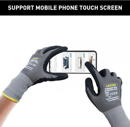 LOCCEF Safety Work Gloves MicroFoam Nitrile Coated-6 Pairs,Endurance Seamless Knit Nylon,Dots on palm,Tacky Dot Grip Gloves