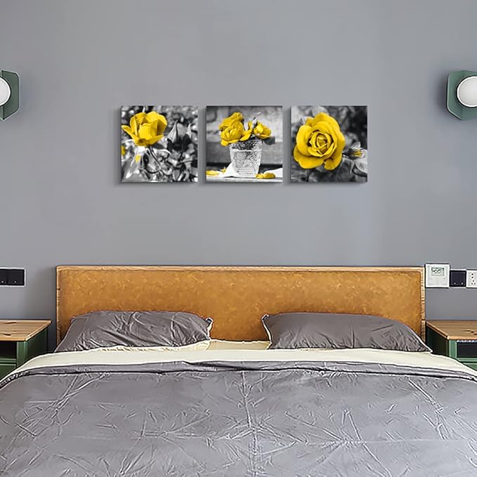 Canvas Wall Art - Bedroom, Kitchen, Living Room, Girls Room Decor - Black And White Wall Pictures - Yellow Rose Flowers - 3 Piece Set