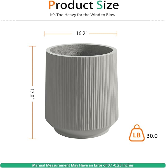 Concrete Planter Outdoor Indoor, Large Cement Plant Pots with Saucer for Trees Flowers (Vertical Gray, 17 inch)