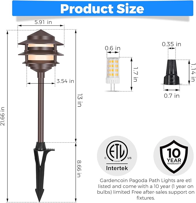 Gardencoin Pagoda Low Voltage Landscape Pathway Lights, 12V Outdoor LED Path Lights Wired, Aluminum Walkway Lighting with 4W 2700K Replaceable G4 Bulb, Bronze Classic 3-Tier Lantern, 6 Pack