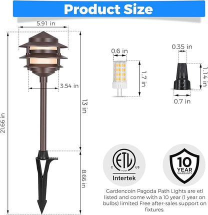 Gardencoin Pagoda Low Voltage Landscape Pathway Lights, 12V Outdoor LED Path Lights Wired, Aluminum Walkway Lighting with 4W 2700K Replaceable G4 Bulb, Bronze Classic 3-Tier Lantern, 6 Pack