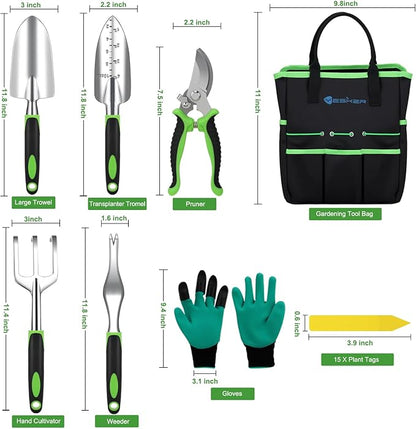 Yesker Gardening Tools 22-Piece Heavy Duty Garden Tool Set Gardening Supplies Gifts for Women Men Gardening Hand Tool Kit with Non-Slip Ergonomic Handle, Garden Bag, Gloves, 15 Plant Tags, Black Green