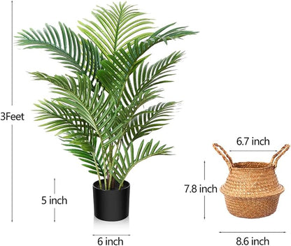 LOMANTO Fake Majesty Palm Plant 3Ft Artificial Plants for Home Decor Indoor Small Faux Trees in Pot Fake Tropical Plants for Housewarming Gift 1Pack